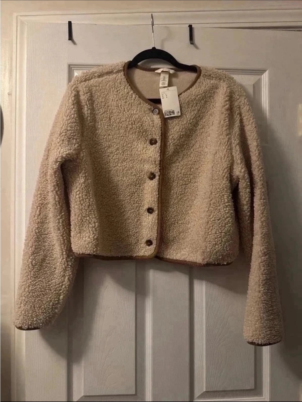 H&M NWT Teddy Fleece Collarless Cropped Jacket Beige L
